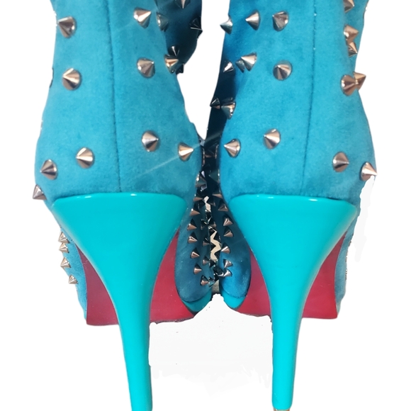 Designer Inspired Teal Studded Peep Toe High Heel Boots Size 42 - Picture 3 of 16